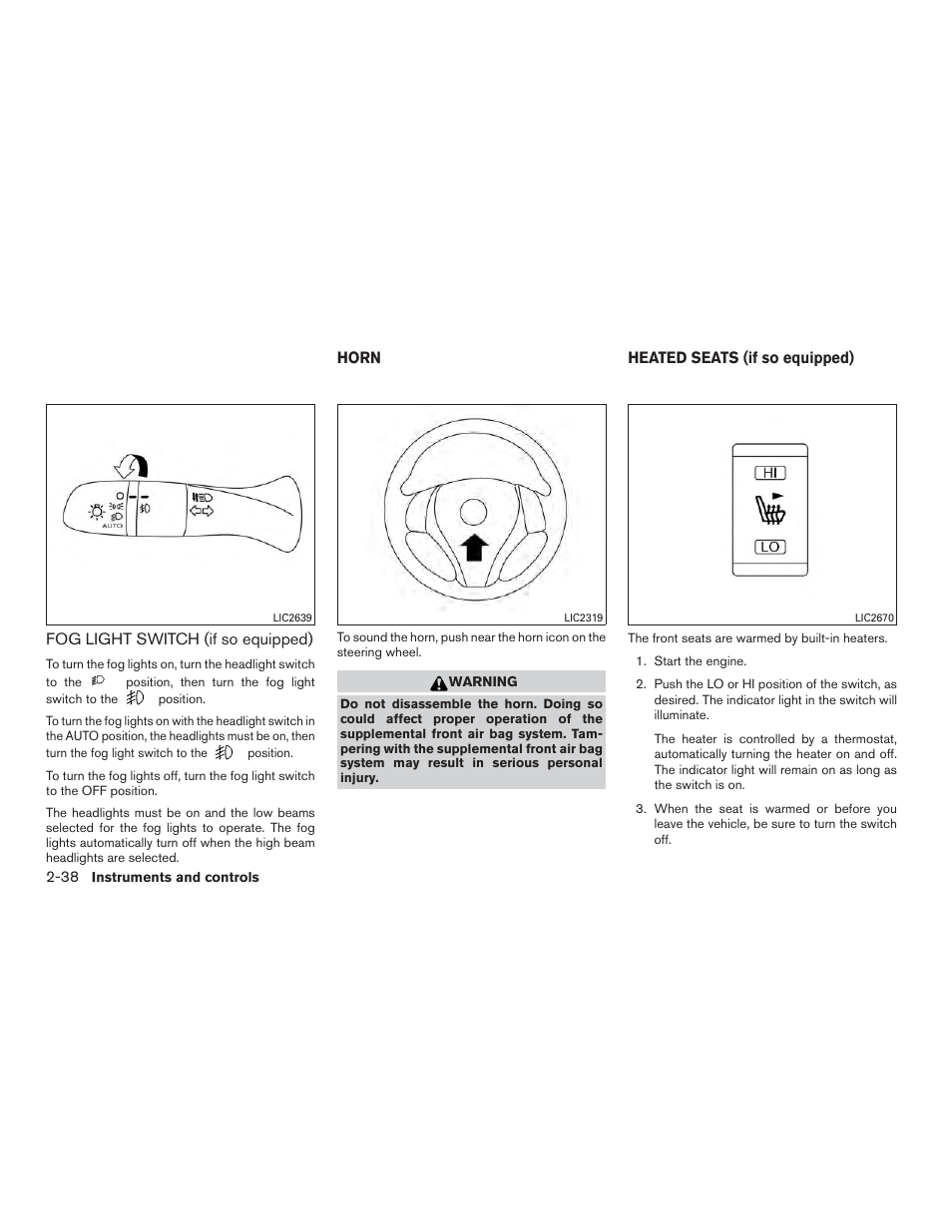 Fog light switch (if so equipped) -38, Horn -38 heated seats (if so equipped) -38 | NISSAN 2015 Rogue - Owner's Manual User Manual | Page 123 / 440