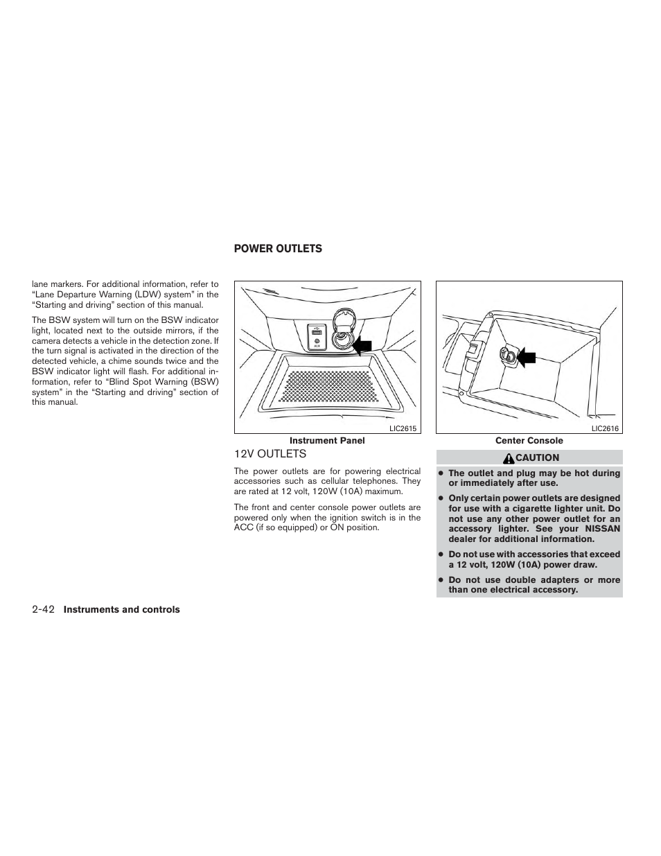 Power outlets -42, 12v outlets -42 | NISSAN 2015 Rogue - Owner's Manual User Manual | Page 127 / 440