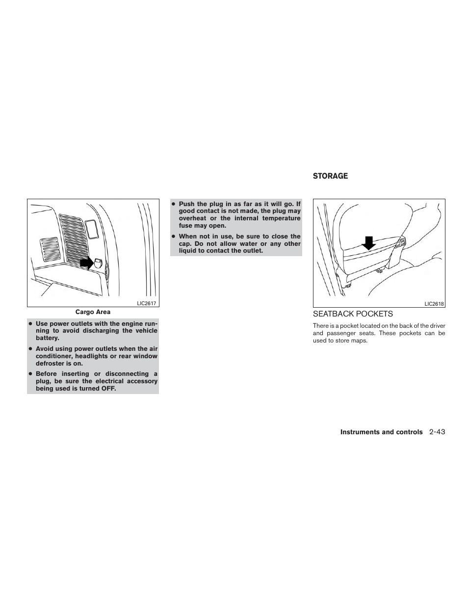 Storage -43, Seatback pockets -43 | NISSAN 2015 Rogue - Owner's Manual User Manual | Page 128 / 440