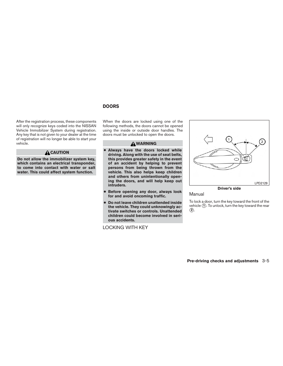 Doors -5, Locking with key -5 | NISSAN 2015 Rogue - Owner's Manual User Manual | Page 146 / 440