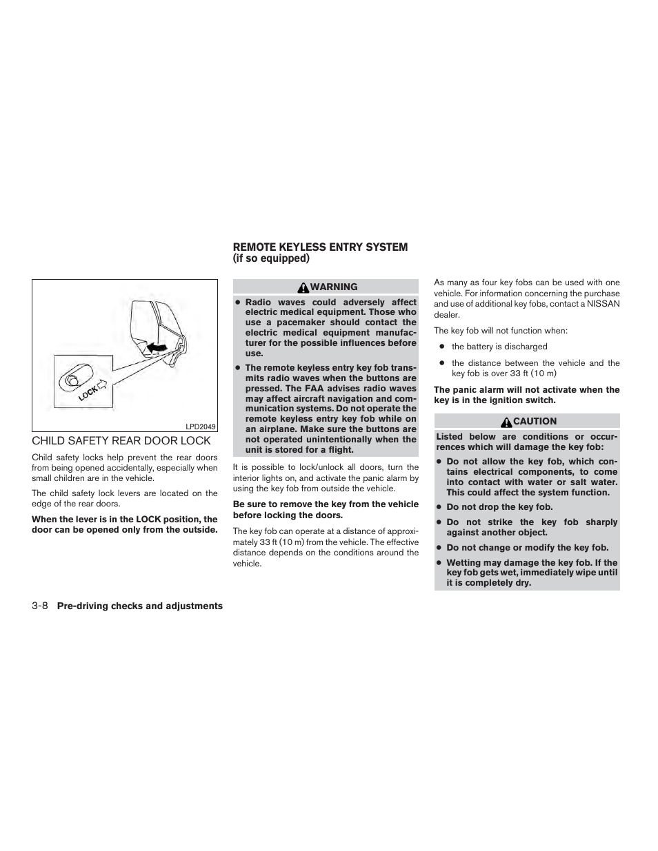 Child safety rear door lock -8, Remote keyless entry system (if so equipped) -8 | NISSAN 2015 Rogue - Owner's Manual User Manual | Page 149 / 440