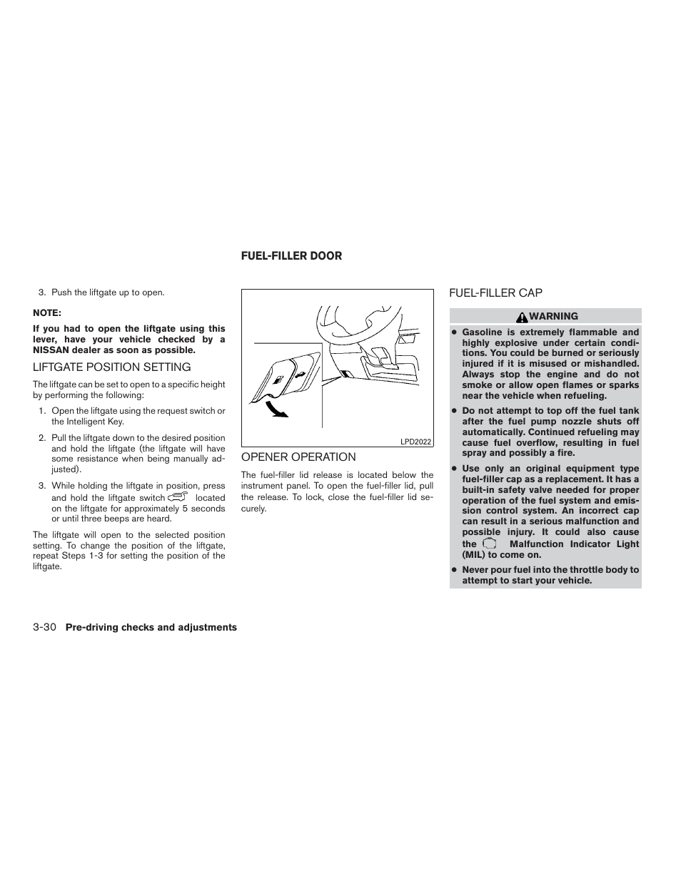 Liftgate position setting -30, Fuel-filler door -30, Opener operation -30 fuel-filler cap -30 | NISSAN 2015 Rogue - Owner's Manual User Manual | Page 171 / 440