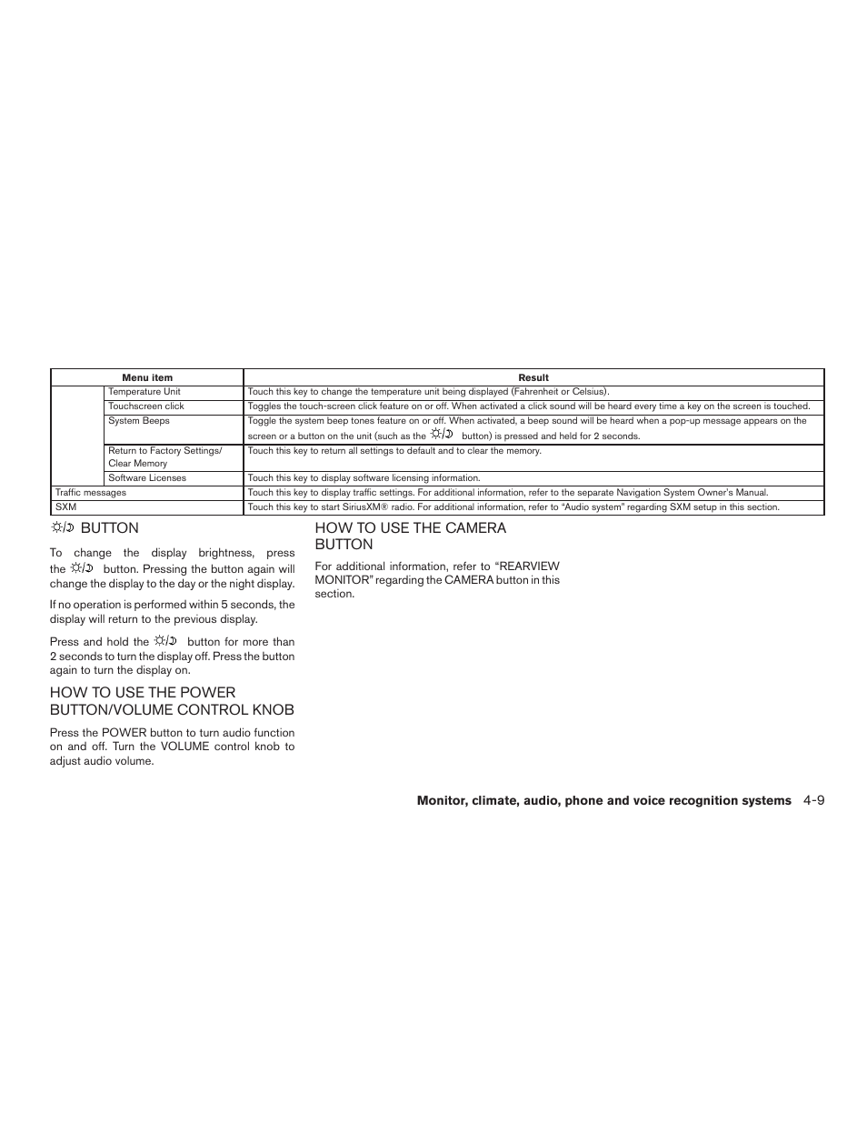 Button -9, Button, How to use the power button/volume control knob | How to use the camera button | NISSAN 2015 Rogue - Owner's Manual User Manual | Page 186 / 440