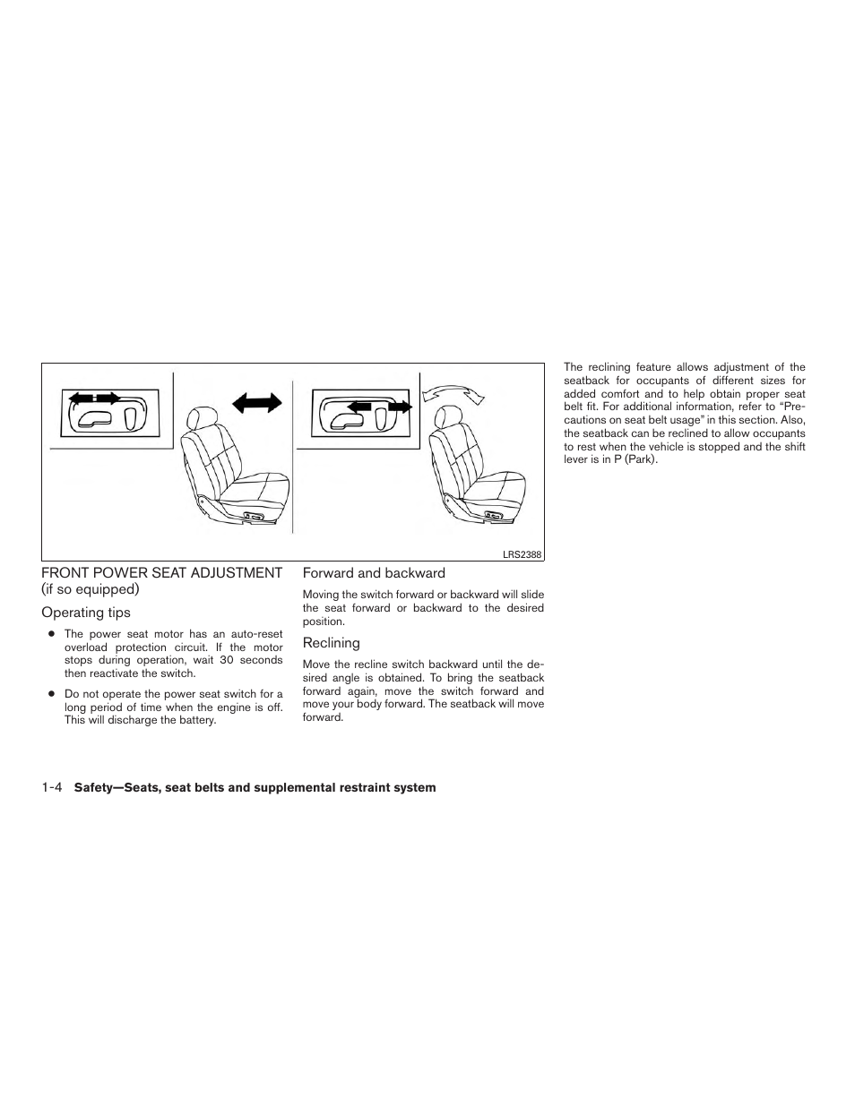 Front power seat adjustment (if so equipped) -4 | NISSAN 2015 Rogue - Owner's Manual User Manual | Page 23 / 440