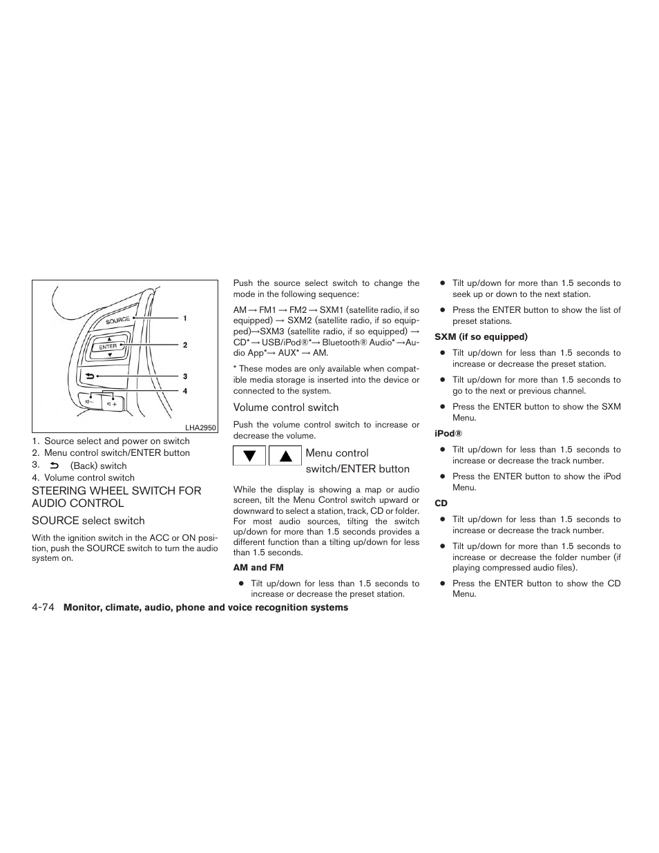 Steering wheel switch for audio control -74 | NISSAN 2015 Rogue - Owner's Manual User Manual | Page 251 / 440