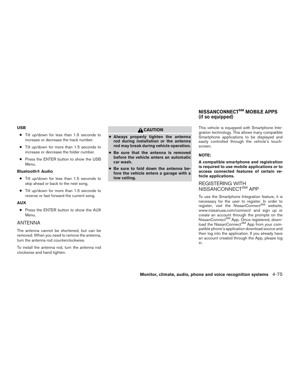 Antenna -75, Nissanconnect, Mobile apps (if so equipped) -75 | Registering with nissanconnect, App -75 | NISSAN 2015 Rogue - Owner's Manual User Manual | Page 252 / 440