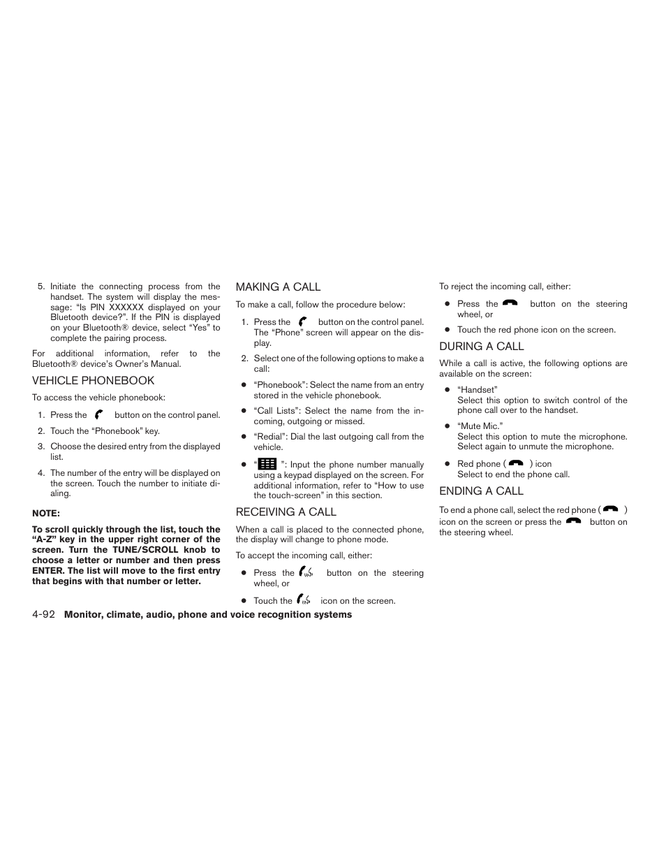 Vehicle phonebook -92 making a call -92 | NISSAN 2015 Rogue - Owner's Manual User Manual | Page 269 / 440