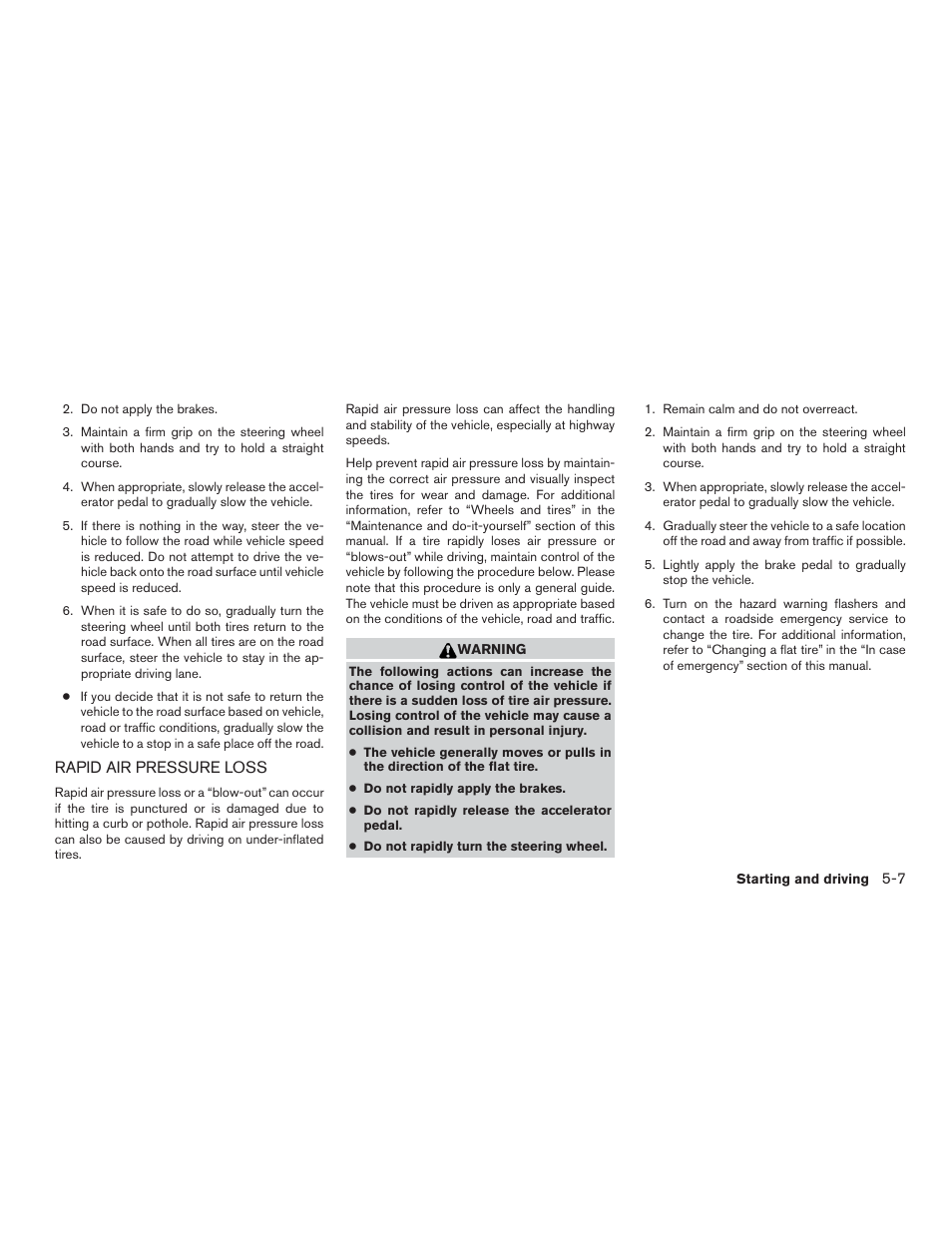 Rapid air pressure loss -7 | NISSAN 2015 Rogue - Owner's Manual User Manual | Page 286 / 440