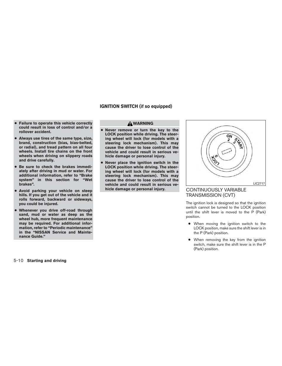 Ignition switch (if so equipped) -10, Continuously variable transmission (cvt) -10 | NISSAN 2015 Rogue - Owner's Manual User Manual | Page 289 / 440