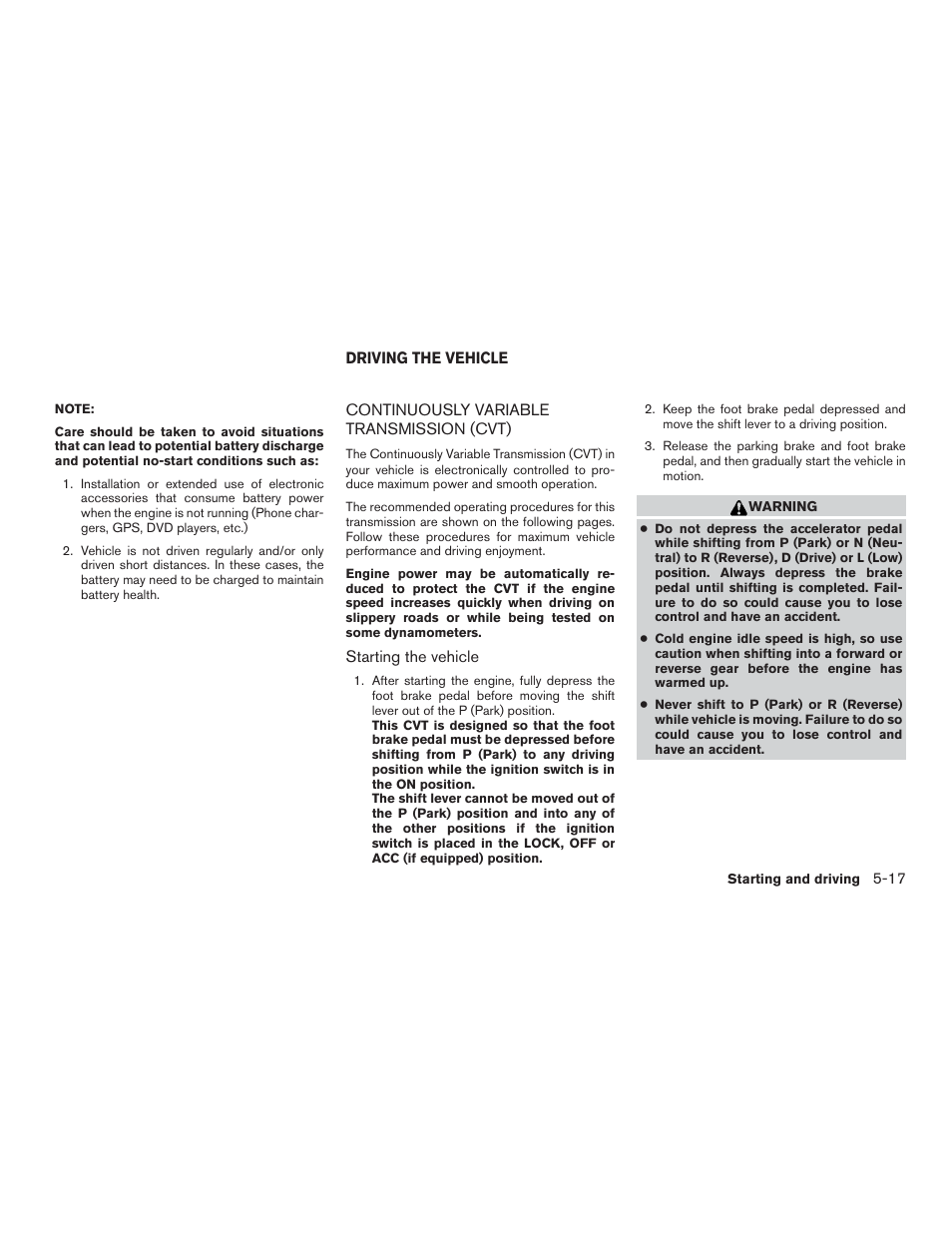 Driving the vehicle -17, Continuously variable transmission (cvt) -17 | NISSAN 2015 Rogue - Owner's Manual User Manual | Page 296 / 440