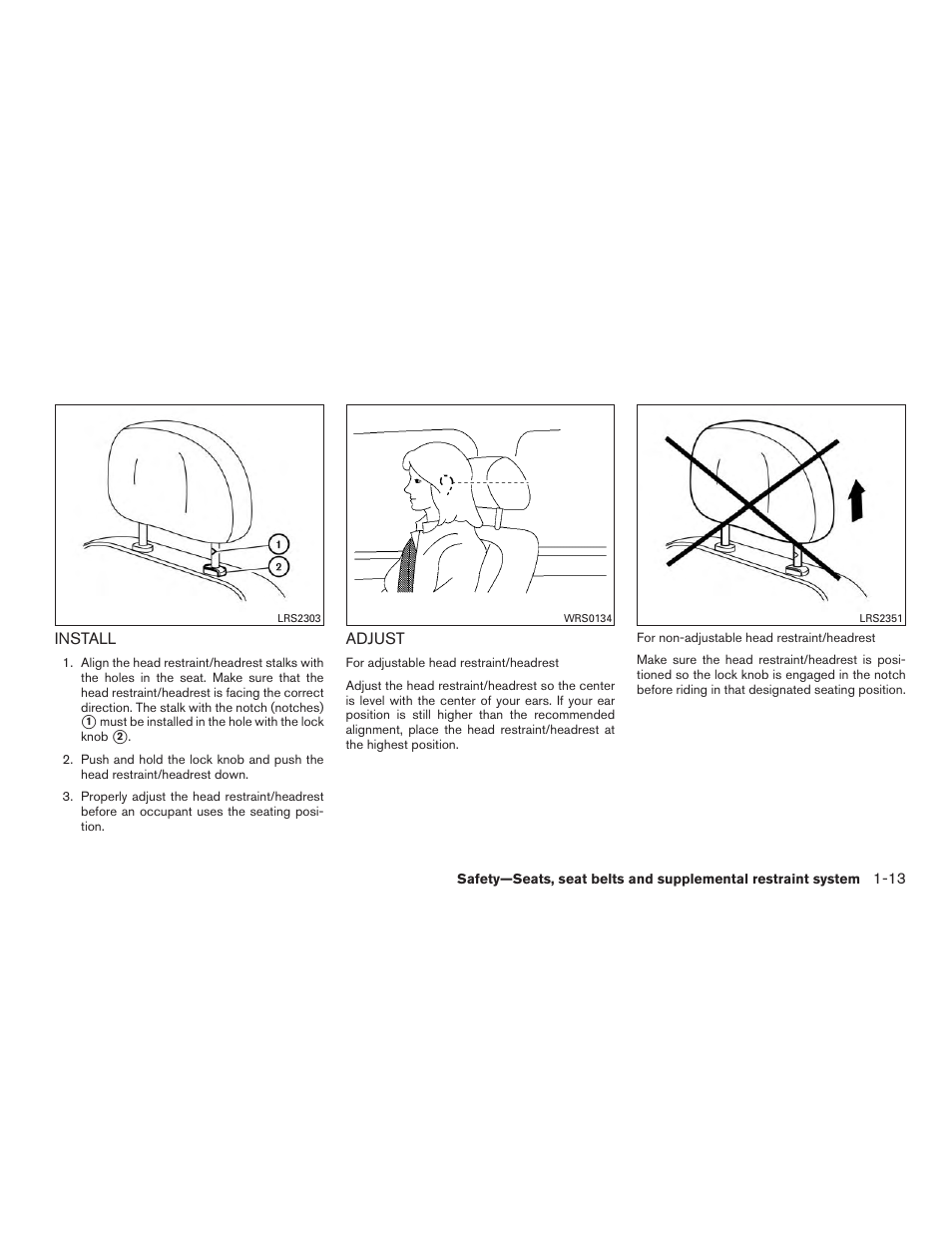 Install -13 adjust -13 | NISSAN 2015 Rogue - Owner's Manual User Manual | Page 32 / 440