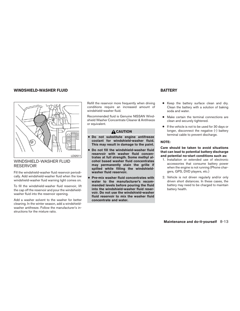 Windshield-washer fluid -13, Windshield-washer fluid reservoir -13, Battery -13 | NISSAN 2015 Rogue - Owner's Manual User Manual | Page 368 / 440