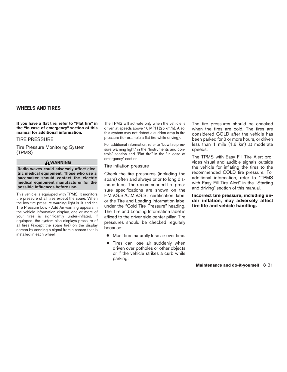 Wheels and tires -31, Tire pressure -31 | NISSAN 2015 Rogue - Owner's Manual User Manual | Page 386 / 440