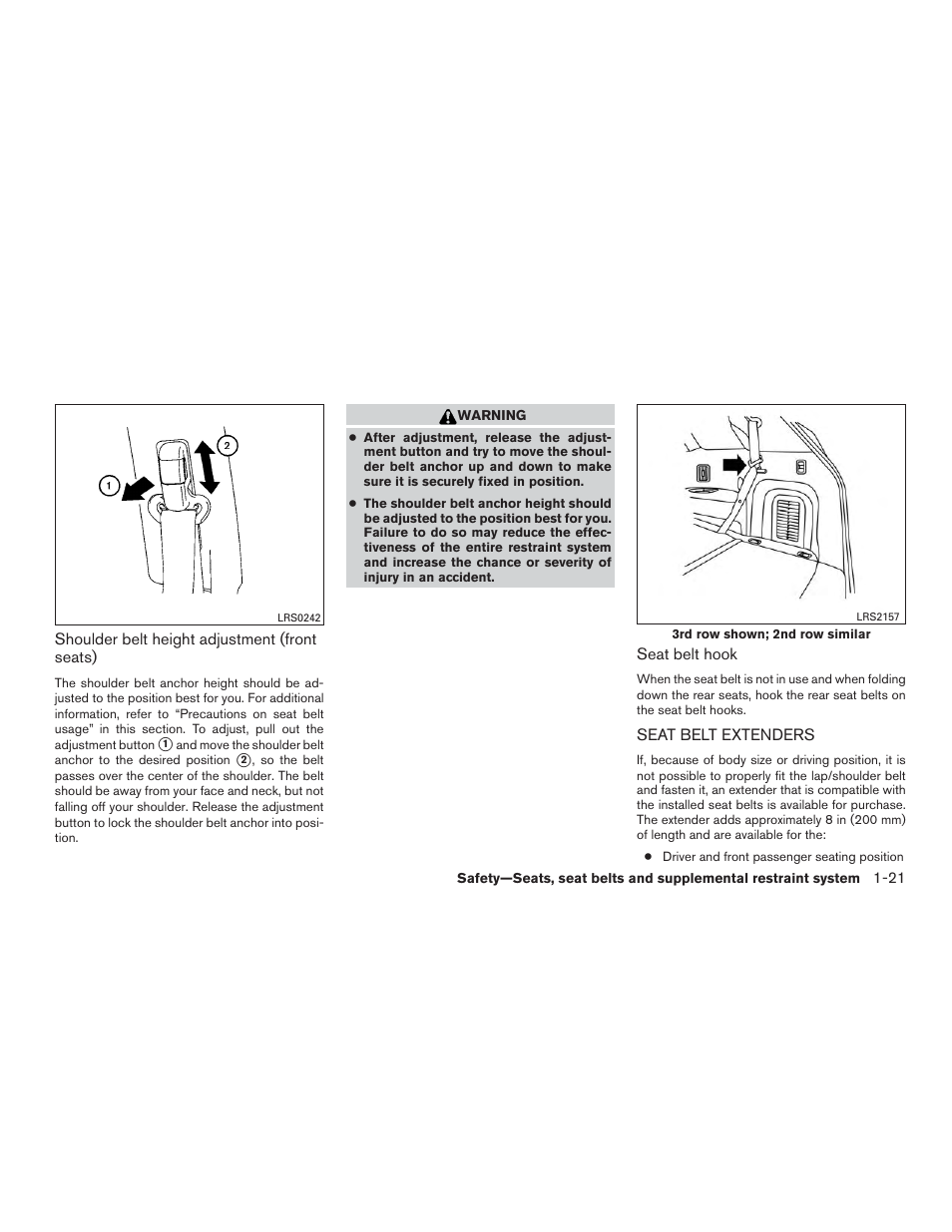 Seat belt extenders -21 | NISSAN 2015 Rogue - Owner's Manual User Manual | Page 40 / 440