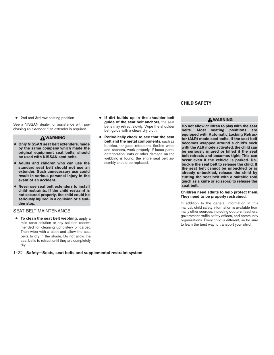 Seat belt maintenance -22, Child safety -22 | NISSAN 2015 Rogue - Owner's Manual User Manual | Page 41 / 440