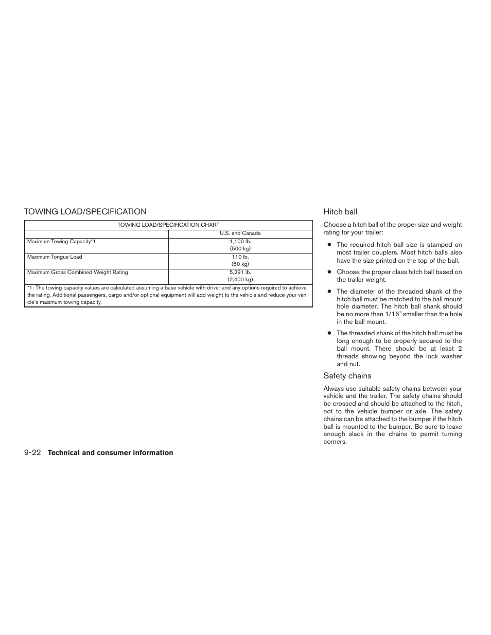 Towing load/specification -22, Towing load/specification, Hitch ball | Safety chains | NISSAN 2015 Rogue - Owner's Manual User Manual | Page 421 / 440