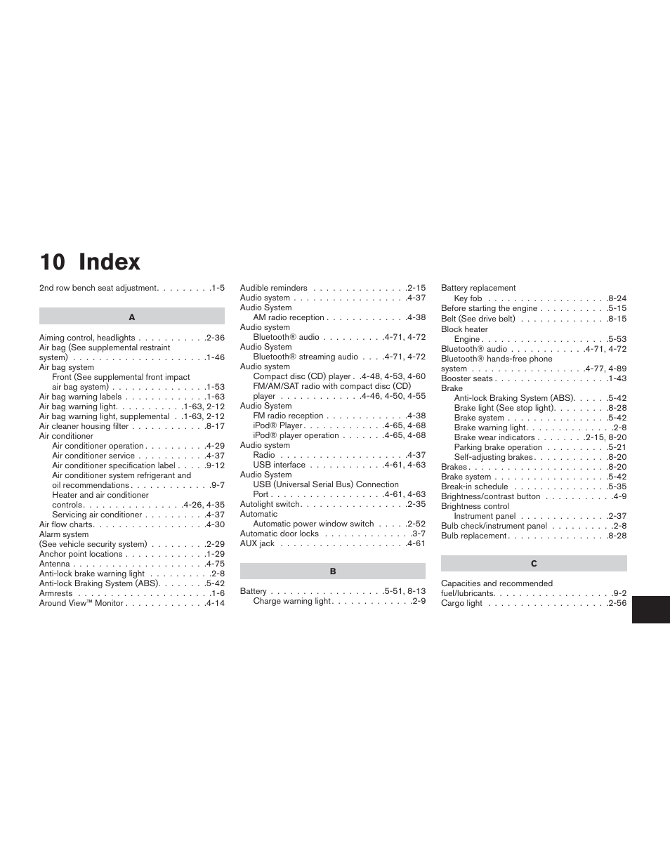 Index, 10 index | NISSAN 2015 Rogue - Owner's Manual User Manual | Page 432 / 440