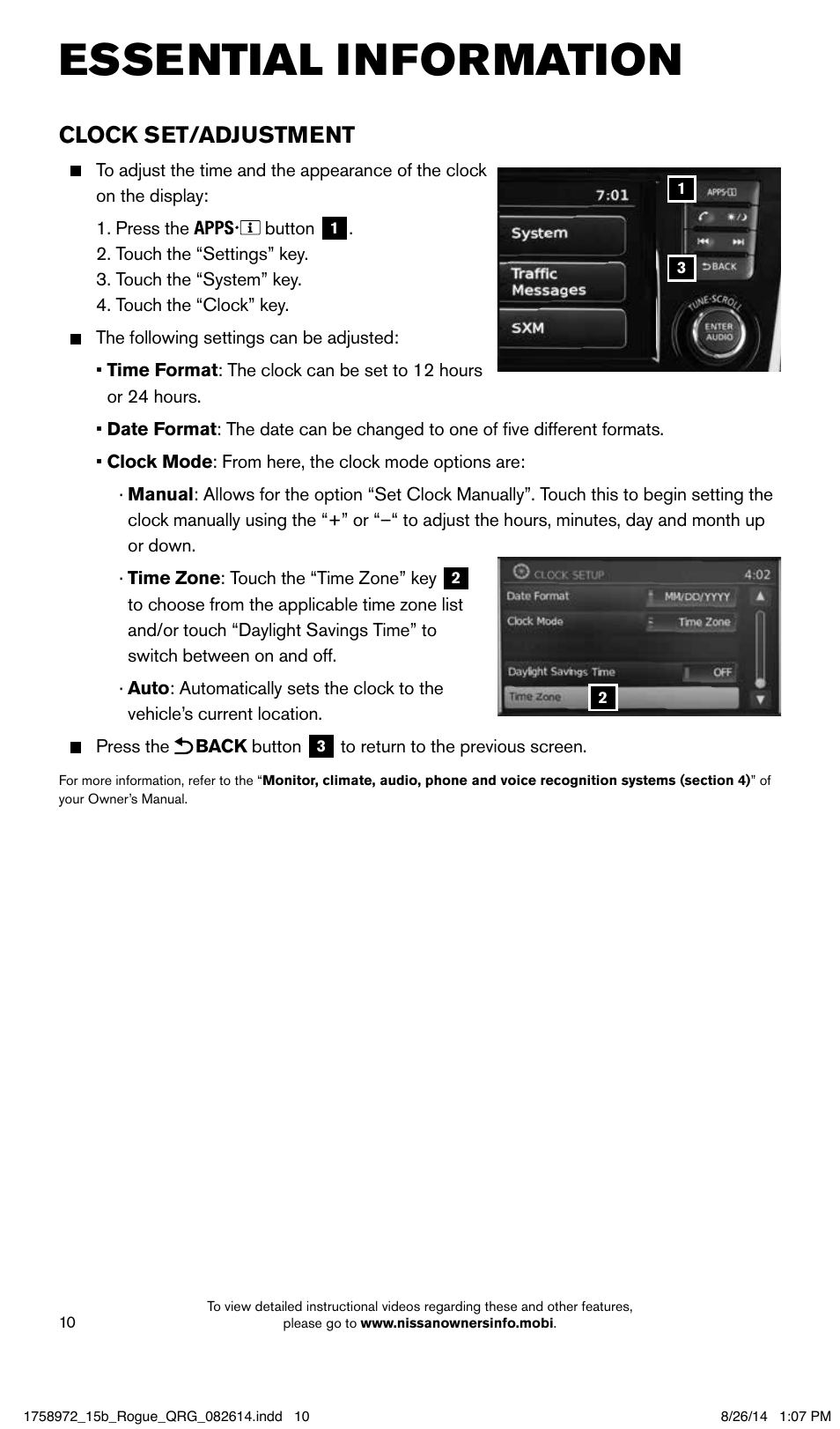 Essential information, Clock set/adjustment | NISSAN 2015 Rogue - Quick Reference Guide User Manual | Page 12 / 32