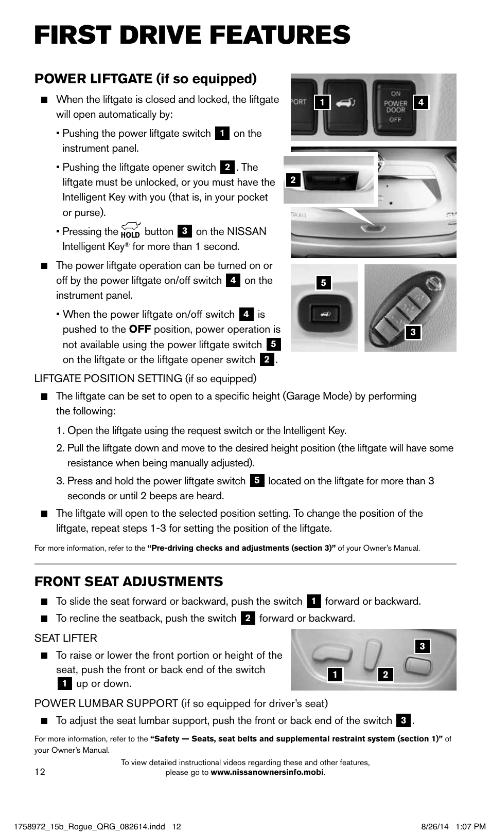 First drive features, Power liftgate (if so equipped), Front seat adjustments | NISSAN 2015 Rogue - Quick Reference Guide User Manual | Page 14 / 32