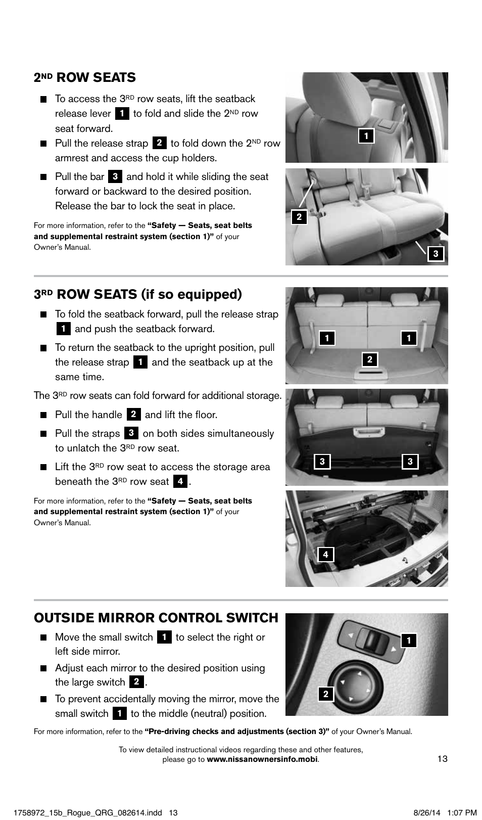 Row seats, Outside mirror control switch, Row seats (if so equipped) | NISSAN 2015 Rogue - Quick Reference Guide User Manual | Page 15 / 32