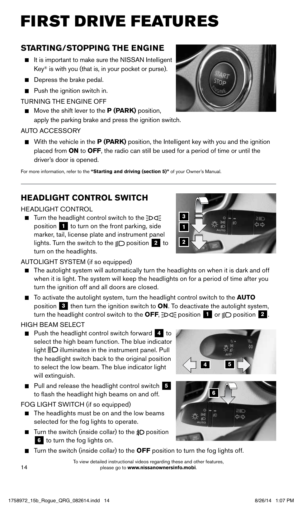 First drive features, Headlight control switch, Starting/stopping the engine | NISSAN 2015 Rogue - Quick Reference Guide User Manual | Page 16 / 32