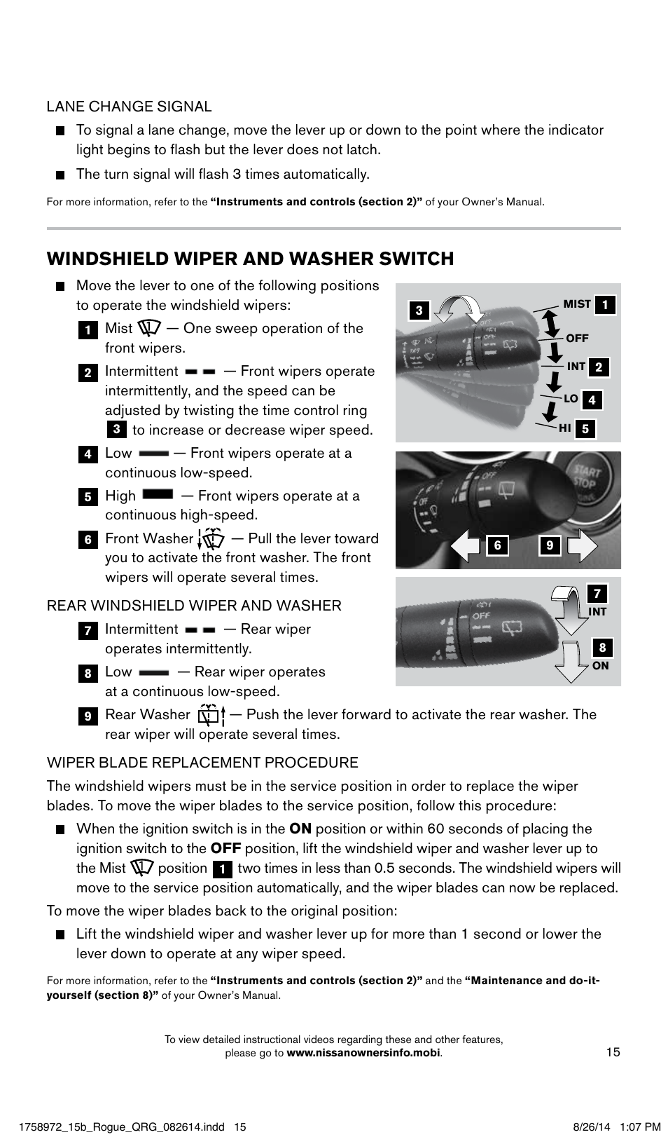 Windshield wiper and washer switch | NISSAN 2015 Rogue - Quick Reference Guide User Manual | Page 17 / 32