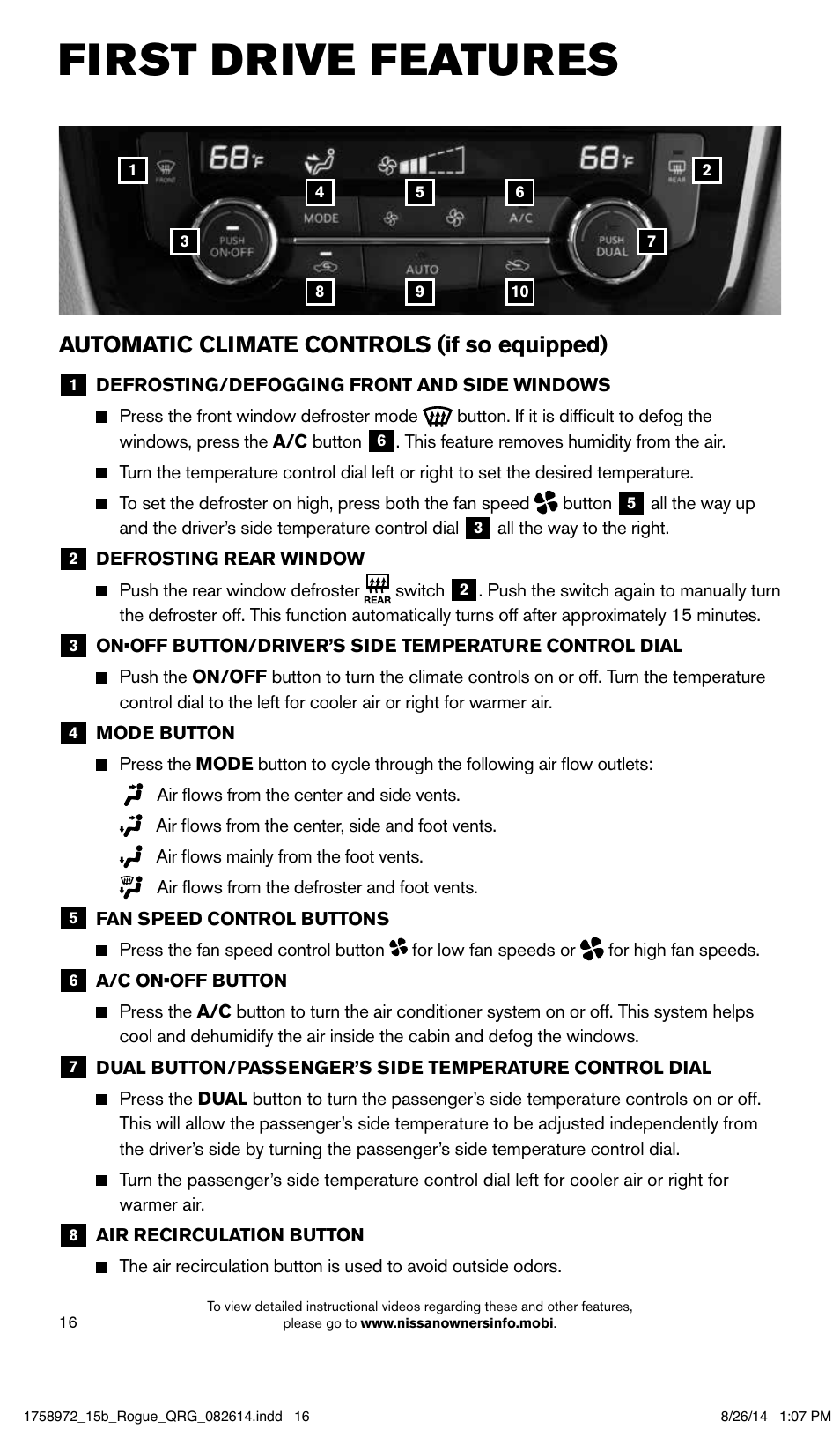 First drive features, Automatic climate controls (if so equipped) | NISSAN 2015 Rogue - Quick Reference Guide User Manual | Page 18 / 32