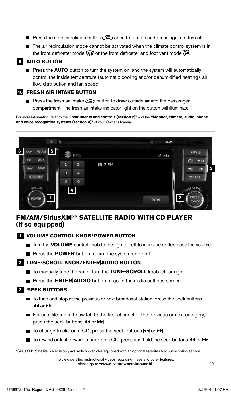 Fm/am/siriusxm, Satellite radio with cd player (if so equipped) | NISSAN 2015 Rogue - Quick Reference Guide User Manual | Page 19 / 32