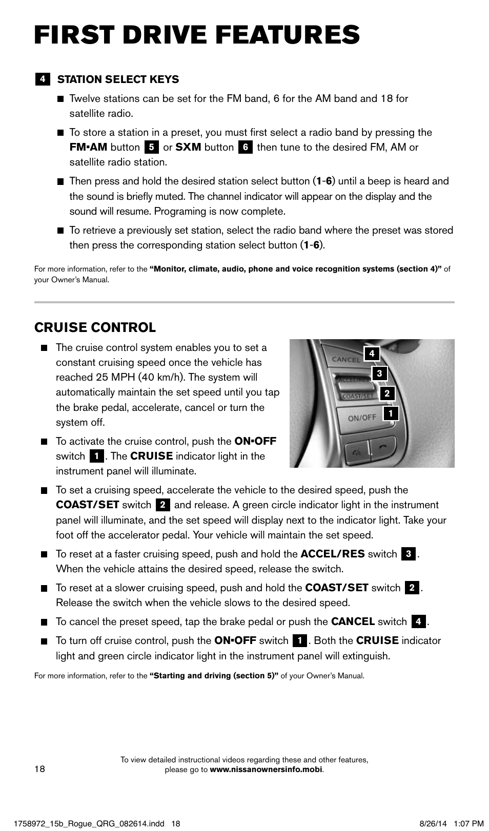 First drive features, Cruise control | NISSAN 2015 Rogue - Quick Reference Guide User Manual | Page 20 / 32