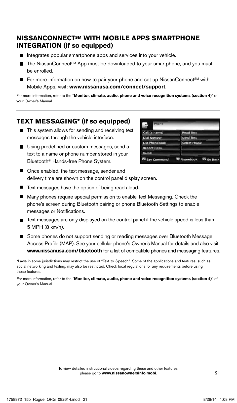 Nissanconnect, Text messaging* (if so equipped) | NISSAN 2015 Rogue - Quick Reference Guide User Manual | Page 23 / 32