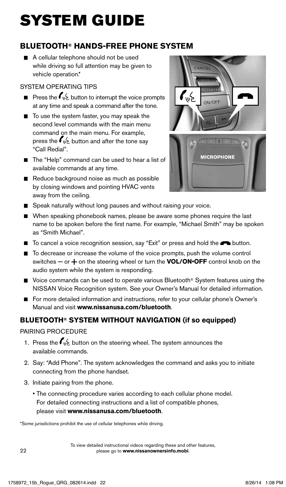 System guide, Bluetooth, Hands-free phone system | NISSAN 2015 Rogue - Quick Reference Guide User Manual | Page 24 / 32