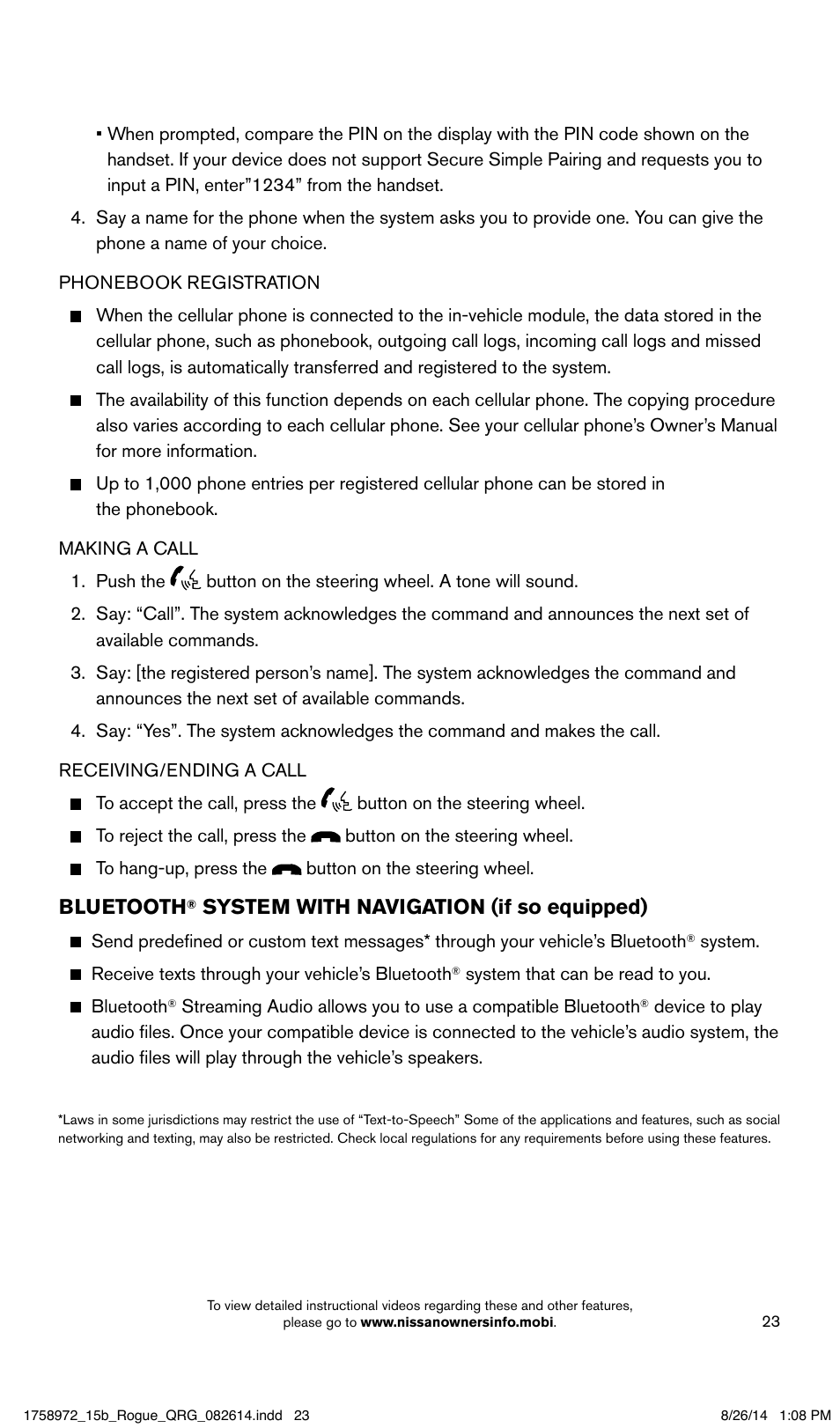 Bluetooth, System with navigation (if so equipped) | NISSAN 2015 Rogue - Quick Reference Guide User Manual | Page 25 / 32