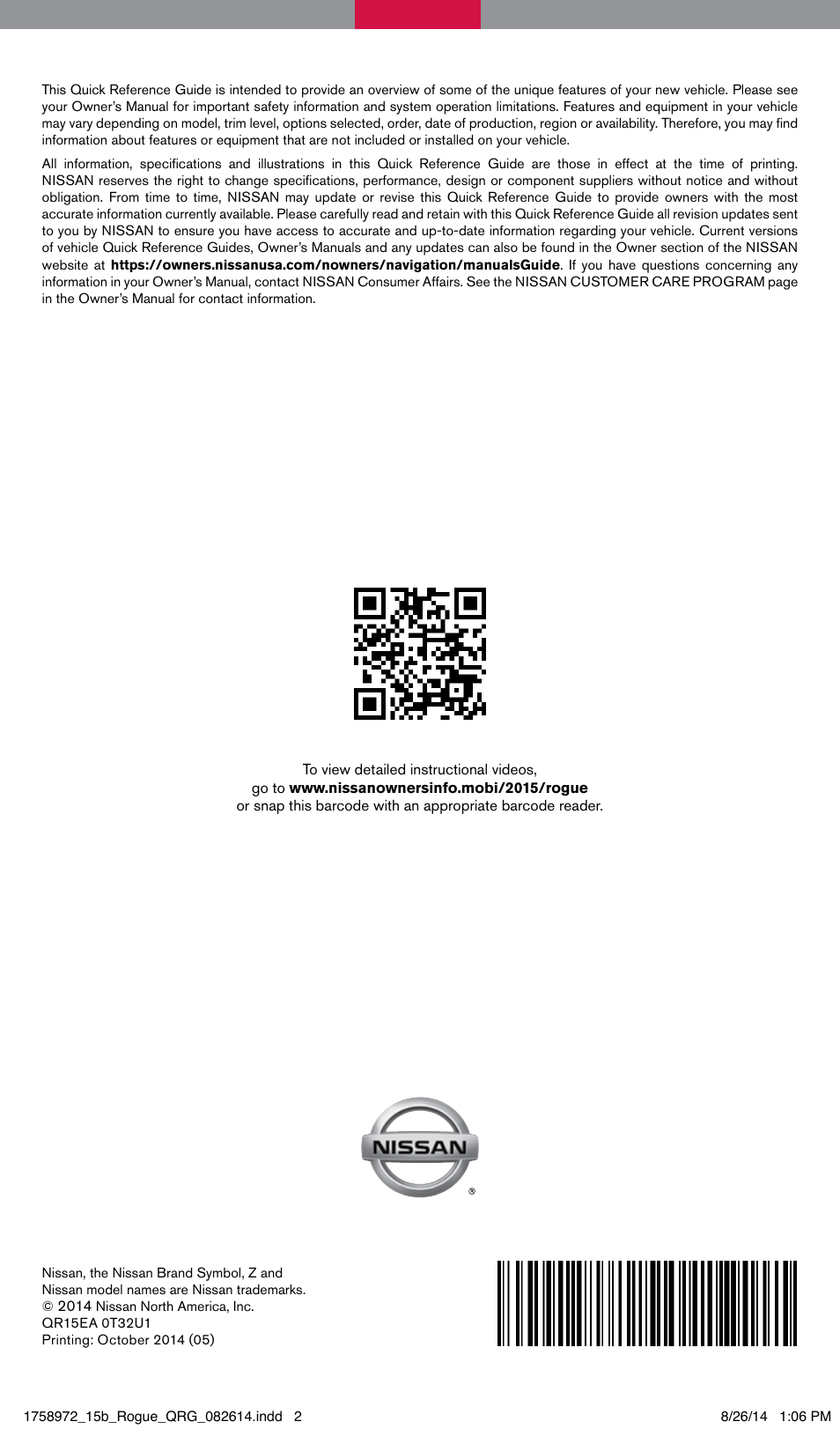 NISSAN 2015 Rogue - Quick Reference Guide User Manual | Page 32 / 32