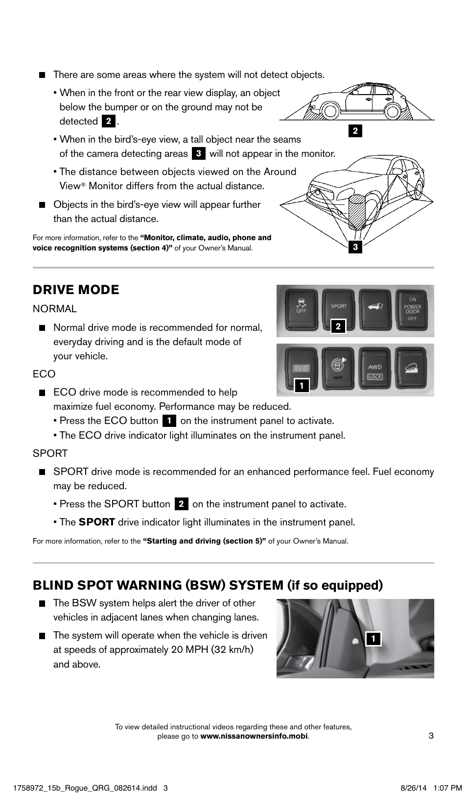 Blind spot warning (bsw) system (if so equipped), Drive mode | NISSAN 2015 Rogue - Quick Reference Guide User Manual | Page 5 / 32