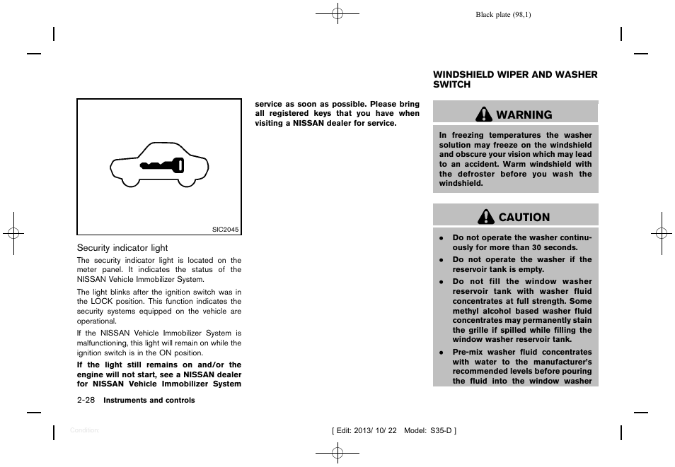 Windshield wiper and washer switch -28, Warning, Caution | NISSAN 2014 Rogue Select - Owner's Manual User Manual | Page 100 / 323