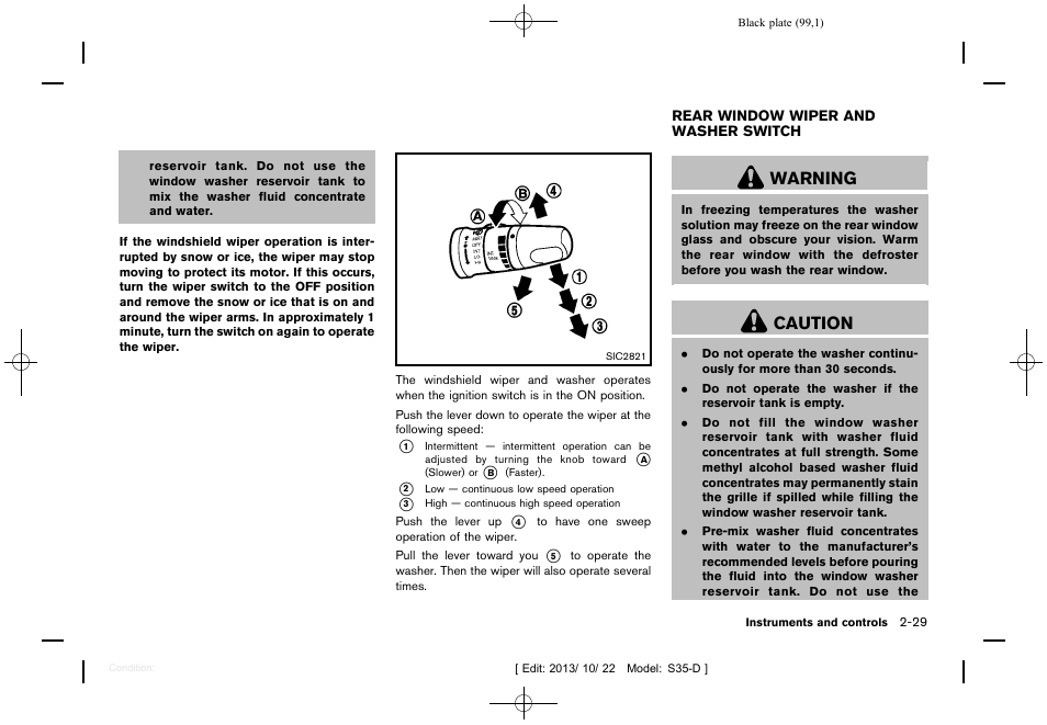Rear window wiper and washer switch -29, Warning, Caution | NISSAN 2014 Rogue Select - Owner's Manual User Manual | Page 101 / 323