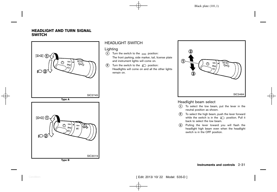 Headlight and turn signal switch -31, Headlight switch -31 | NISSAN 2014 Rogue Select - Owner's Manual User Manual | Page 103 / 323