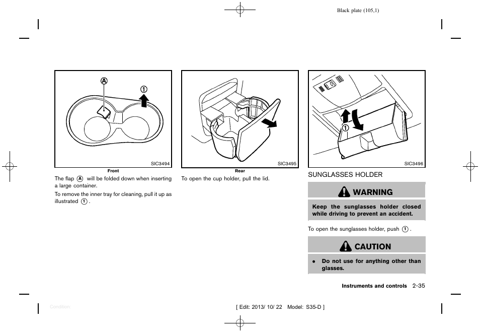 Sunglasses holder -35, Warning, Caution | NISSAN 2014 Rogue Select - Owner's Manual User Manual | Page 107 / 323