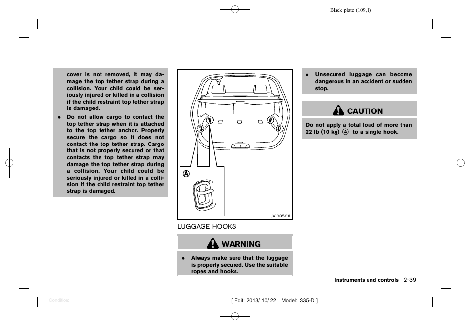 Luggage hooks -39, Warning, Caution | NISSAN 2014 Rogue Select - Owner's Manual User Manual | Page 111 / 323