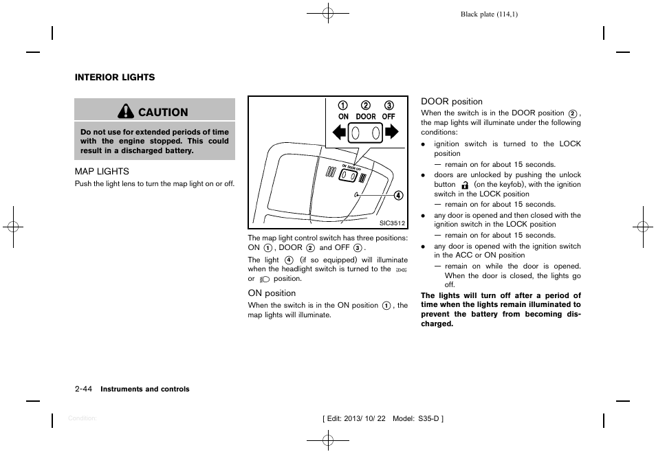Interior lights -44, Map lights -44, Caution | NISSAN 2014 Rogue Select - Owner's Manual User Manual | Page 116 / 323