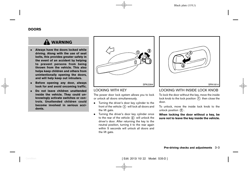 Doors -3, Warning | NISSAN 2014 Rogue Select - Owner's Manual User Manual | Page 121 / 323