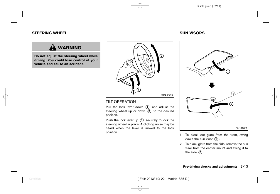 Steering wheel -13, Tilt operation -13, Sun visors -13 | Warning | NISSAN 2014 Rogue Select - Owner's Manual User Manual | Page 131 / 323