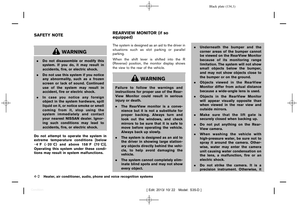 Warning | NISSAN 2014 Rogue Select - Owner's Manual User Manual | Page 136 / 323
