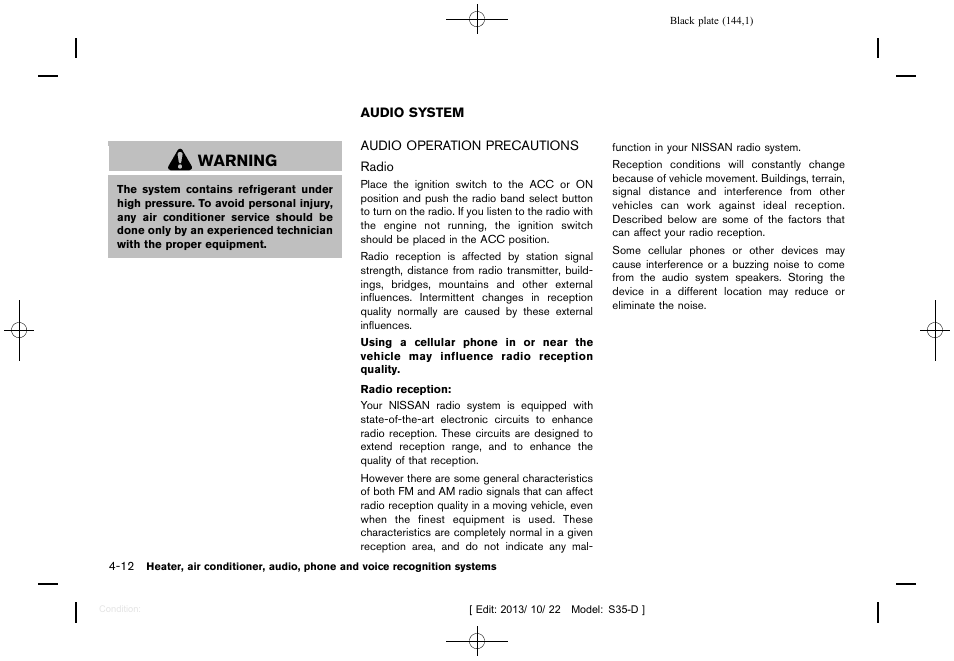 Audio system -12, Audio operation precautions -12, Warning | NISSAN 2014 Rogue Select - Owner's Manual User Manual | Page 146 / 323
