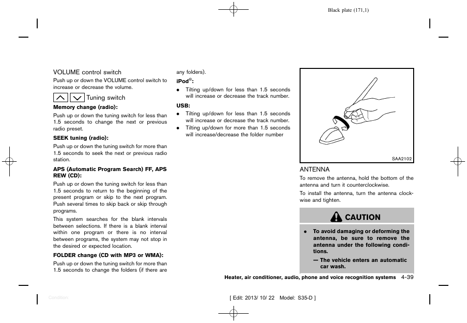 Antenna -39, Caution | NISSAN 2014 Rogue Select - Owner's Manual User Manual | Page 173 / 323