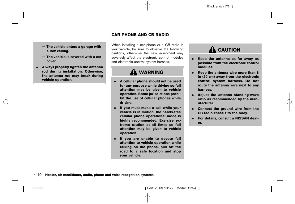Car phone and cb radio -40, Warning, Caution | NISSAN 2014 Rogue Select - Owner's Manual User Manual | Page 174 / 323