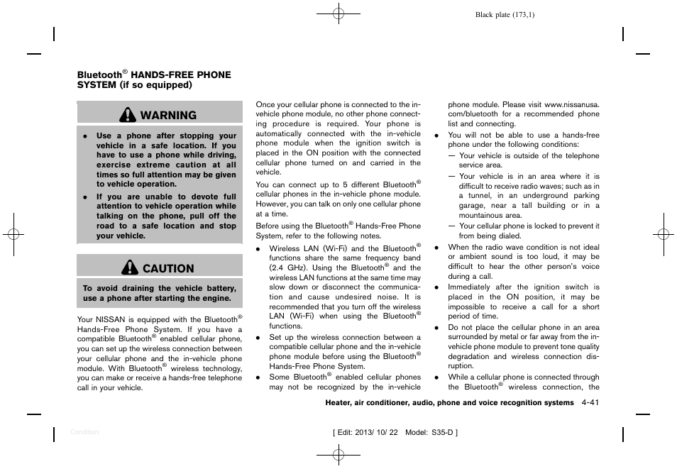 Bluetooth, Hands-free phone system (if, So equipped) -41 | Warning, Caution | NISSAN 2014 Rogue Select - Owner's Manual User Manual | Page 175 / 323