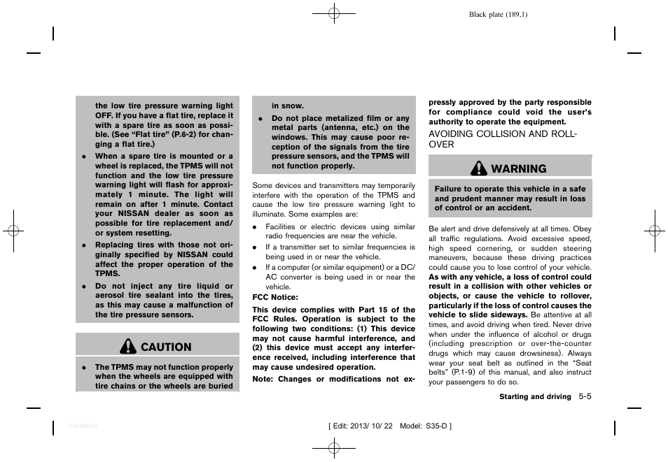 Avoiding collision and rollover -5, Caution, Warning | NISSAN 2014 Rogue Select - Owner's Manual User Manual | Page 191 / 323