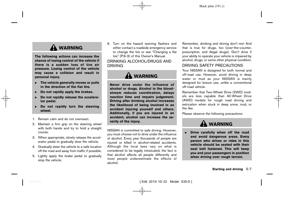 Warning | NISSAN 2014 Rogue Select - Owner's Manual User Manual | Page 193 / 323