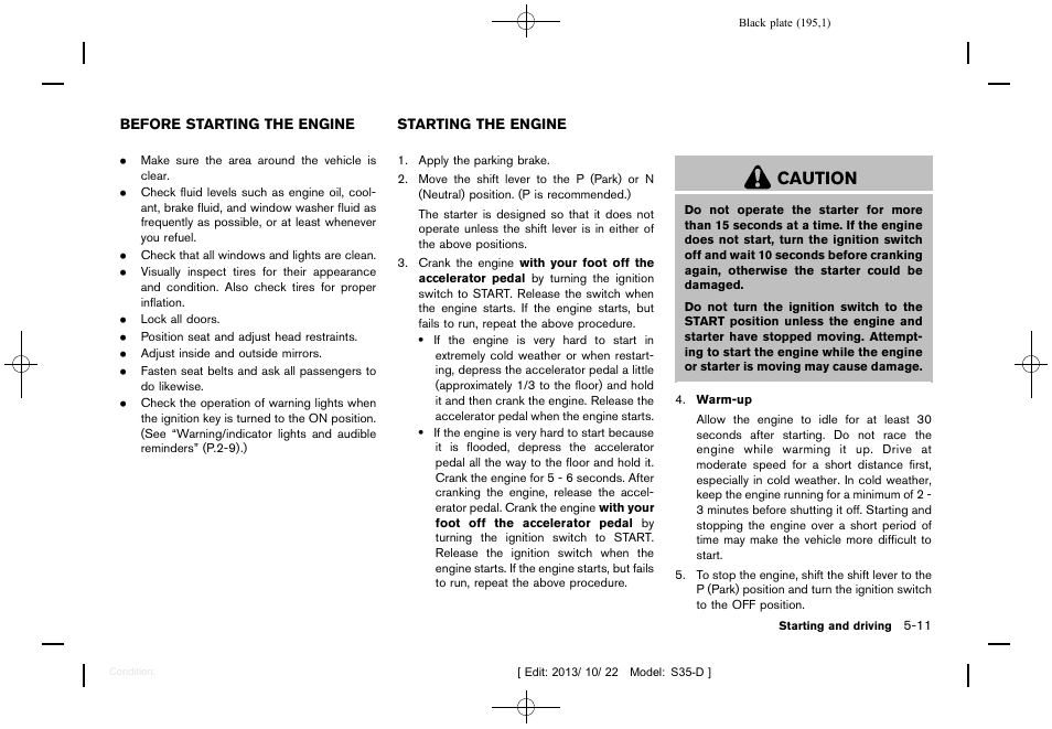 Caution | NISSAN 2014 Rogue Select - Owner's Manual User Manual | Page 197 / 323